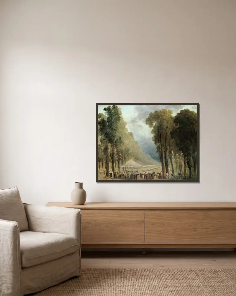 Måltid serverad åt trupperna i en allé på Champs-Élysées eller i Saint-Clouds park av Hubert Robert inramad på en vägg