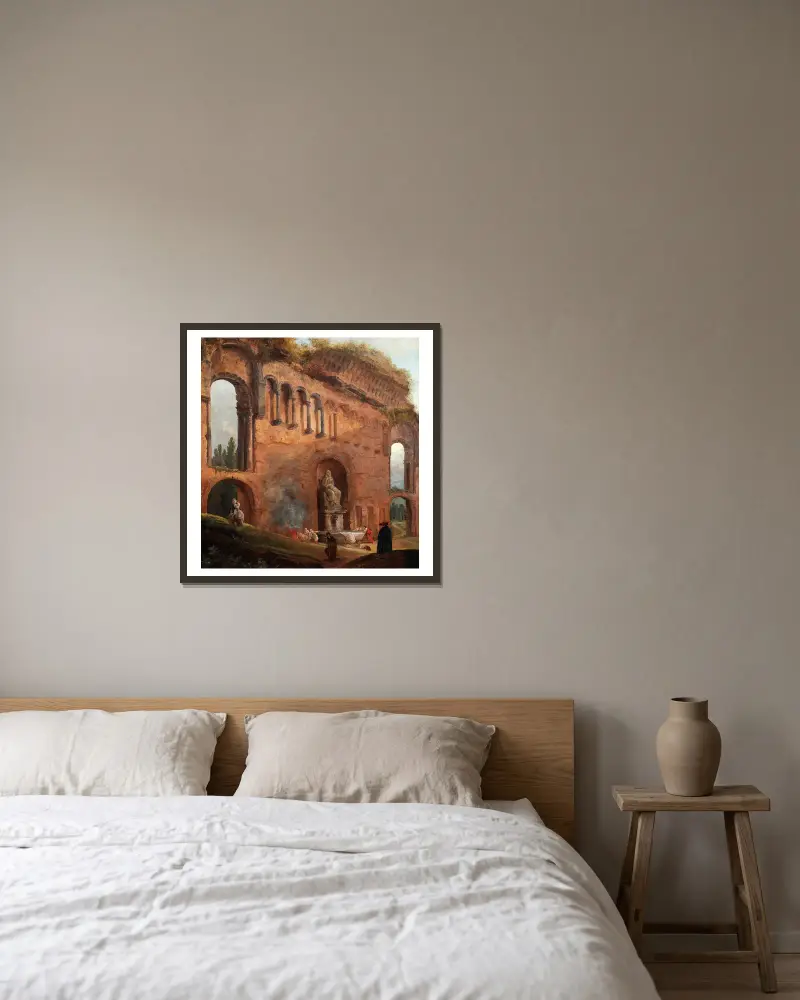 Římské ruiny s pradlenami, Hubert Robert v rámu na stěně