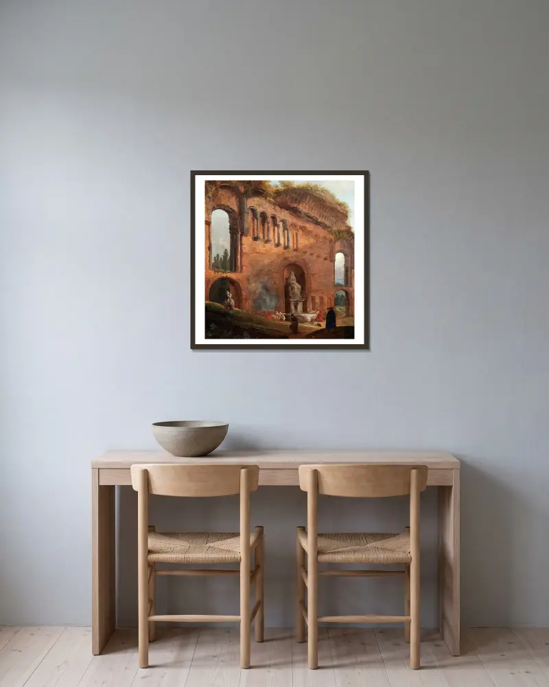 Římské ruiny s pradlenami, Hubert Robert v rámu na stěně