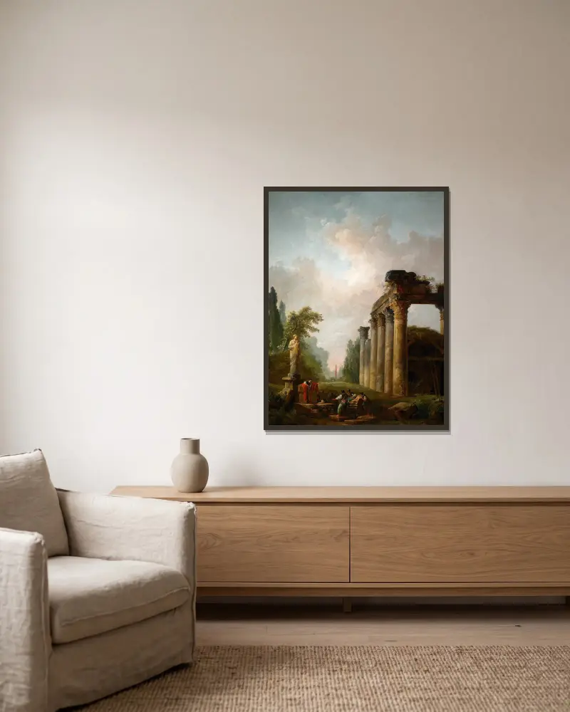 The Ruin av Hubert Robert inramad på en vägg