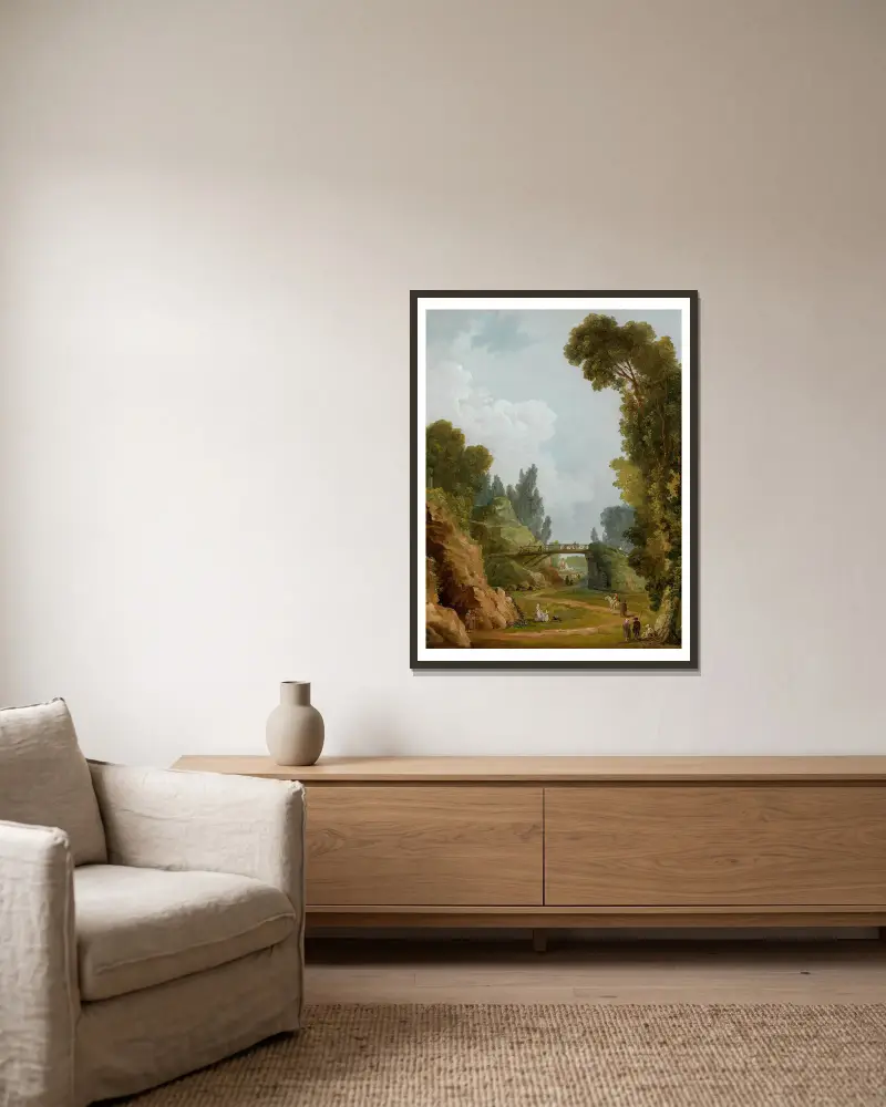 Den rustika bron, Château de Méréville, Frankrike av Hubert Robert inramad på en vägg