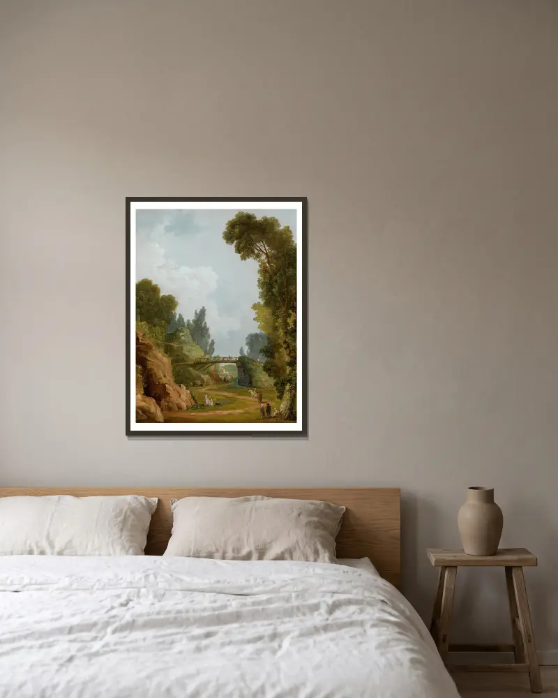 Den rustika bron, Château de Méréville, Frankrike av Hubert Robert inramad på en vägg