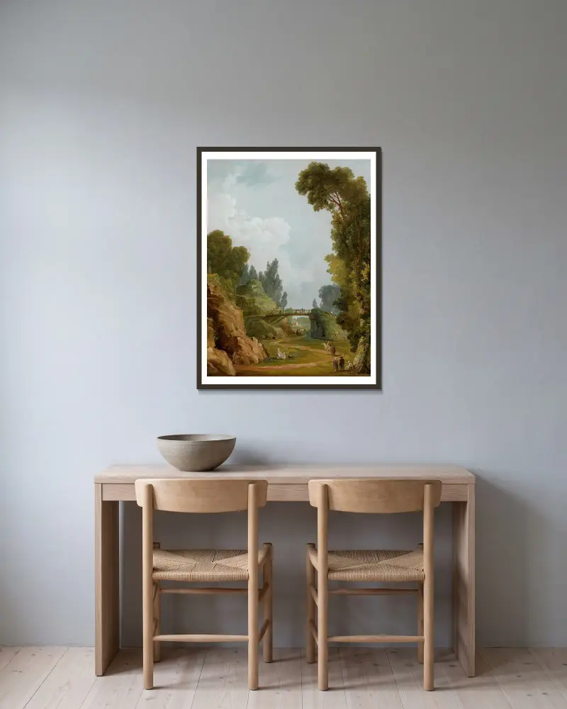 Den rustika bron, Château de Méréville, Frankrike av Hubert Robert inramad på en vägg