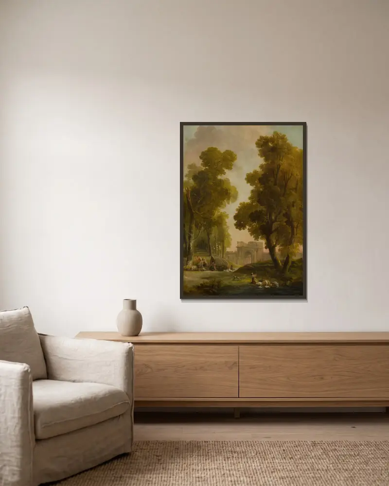 Tvätterskor i ett landskap, med en grupp herdar framför en träallé av Hubert Robert inramad på en vägg