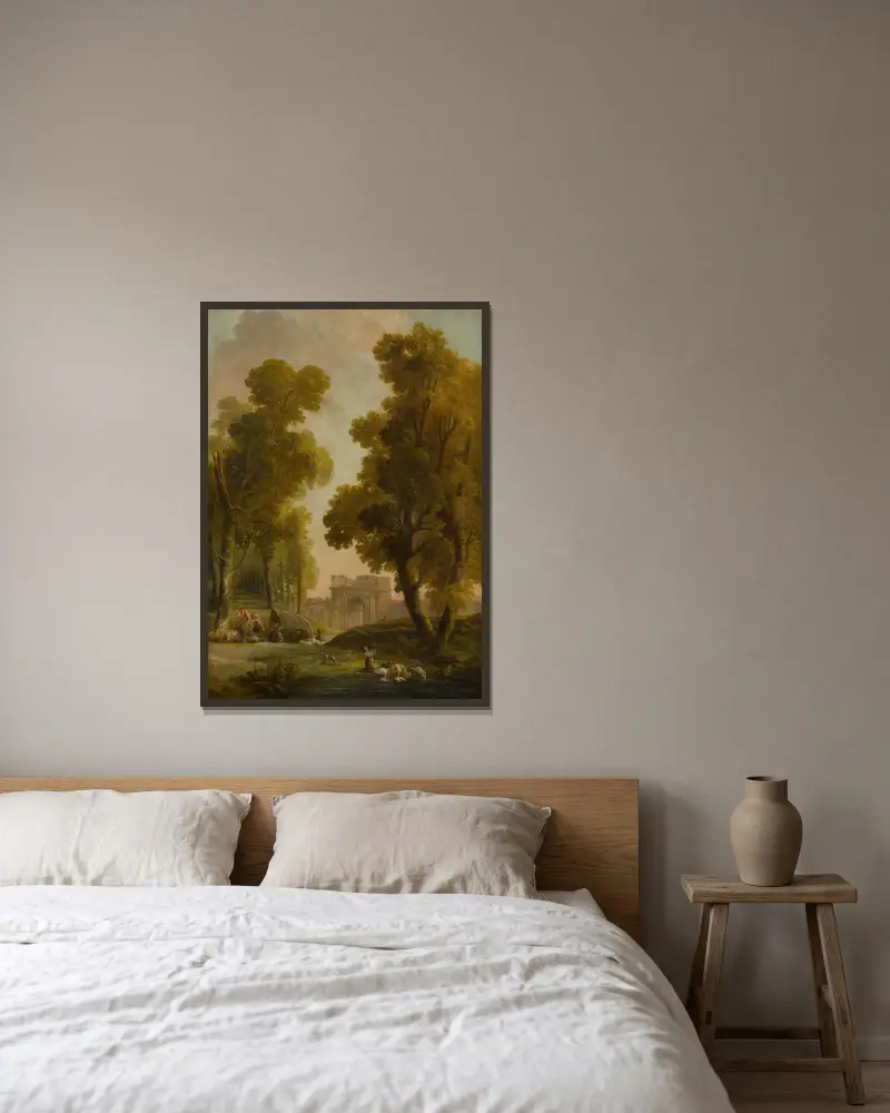Tvätterskor i ett landskap, med en grupp herdar framför en träallé av Hubert Robert inramad på en vägg