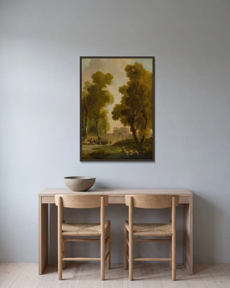 Tvätterskor i ett landskap, med en grupp herdar framför en träallé av Hubert Robert inramad på en vägg