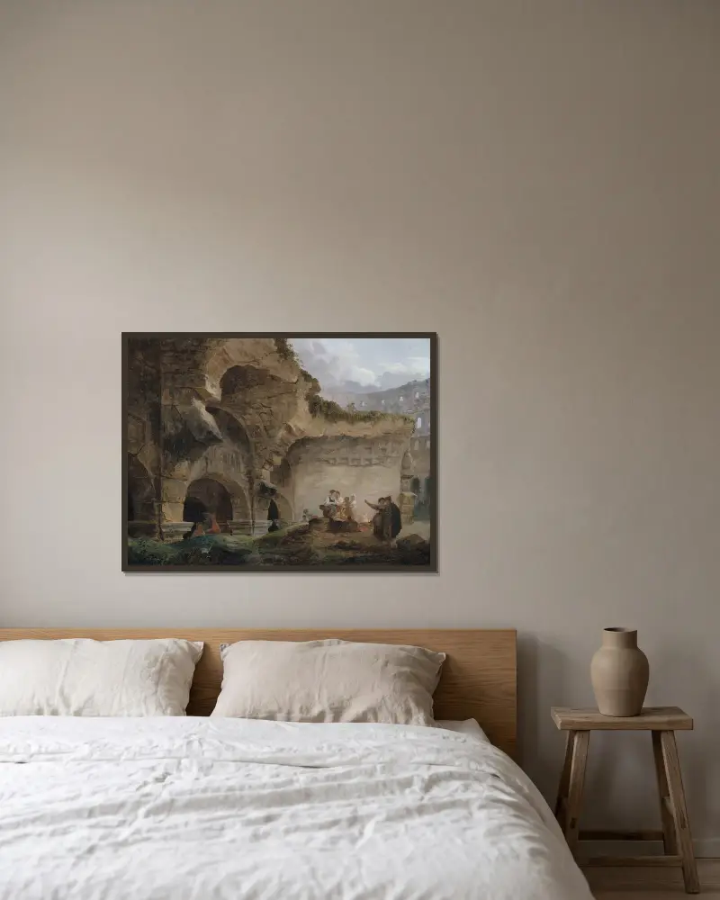Wäscherinnen in den Ruinen des Kolosseums von Hubert Robert gerahmt an einer Wand