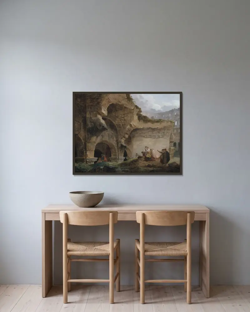Wäscherinnen in den Ruinen des Kolosseums von Hubert Robert gerahmt an einer Wand