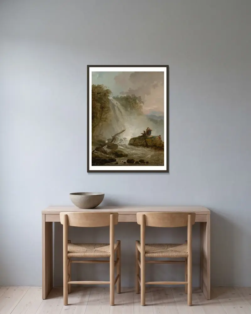 Waterfall with Drawing Artist av Hubert Robert inramad på en vägg