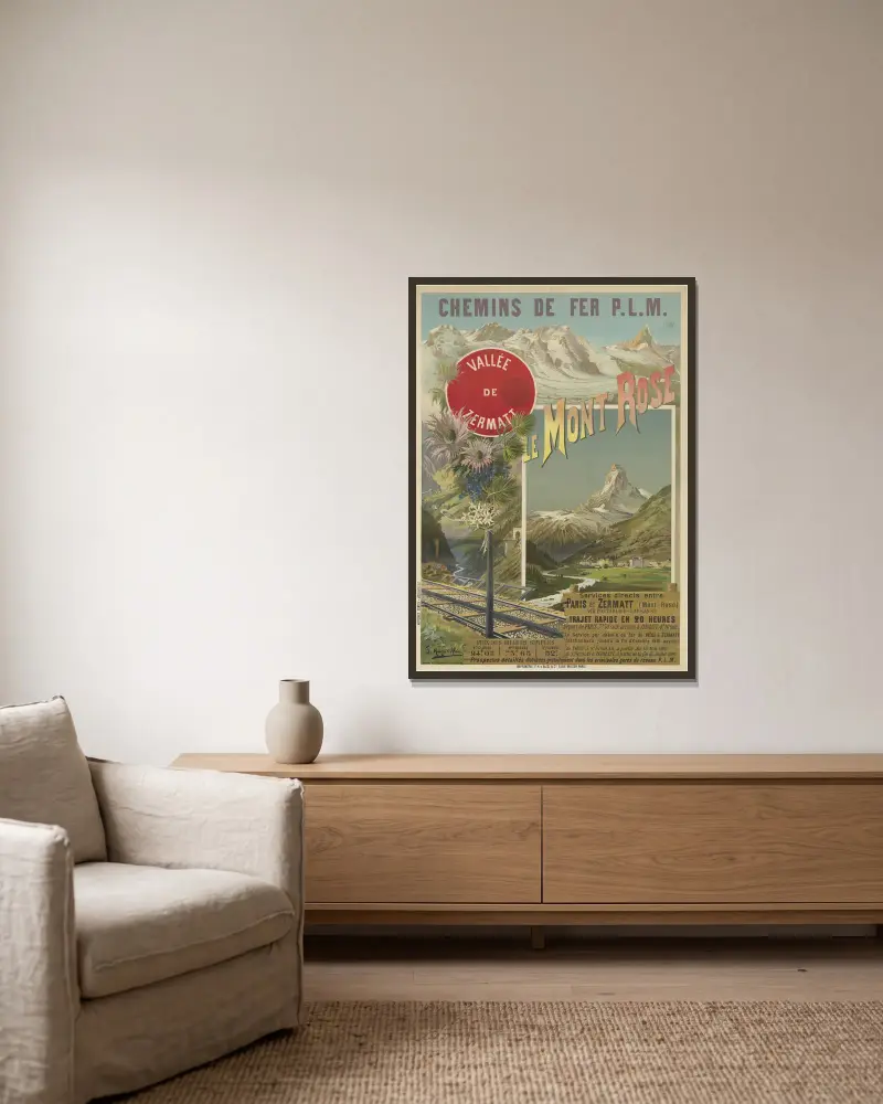 Järnvägen P. L. M. Mont Rose. Zermattdalen av Frederic Hugo d’Alési inramad på en vägg