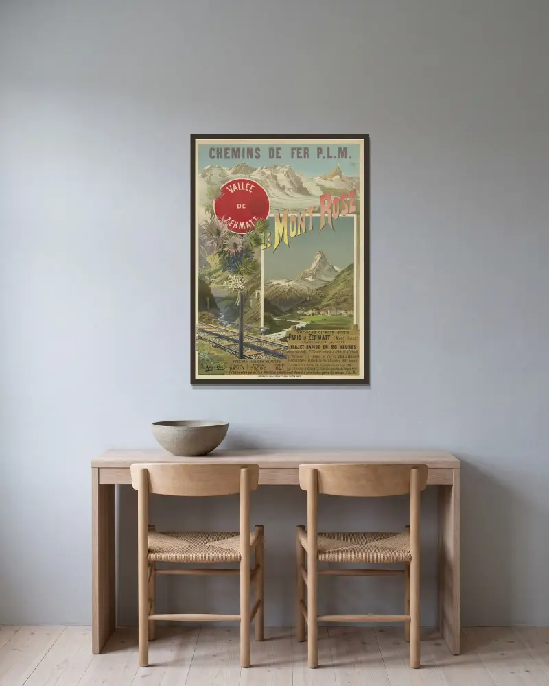 Järnvägen P. L. M. Mont Rose. Zermattdalen av Frederic Hugo d’Alési inramad på en vägg