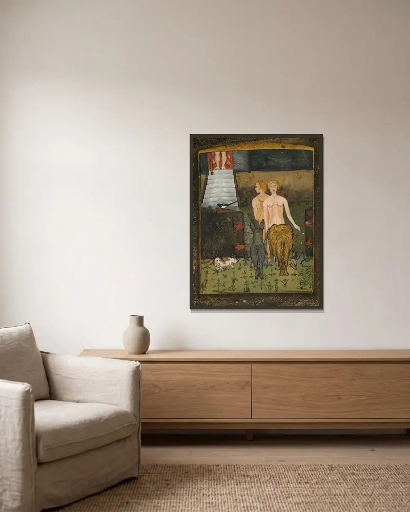 Adam And Eve av Hugo Simberg inramad på en vägg