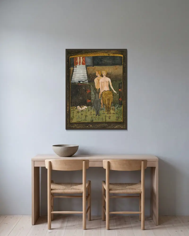 Adam And Eve av Hugo Simberg inramad på en vägg