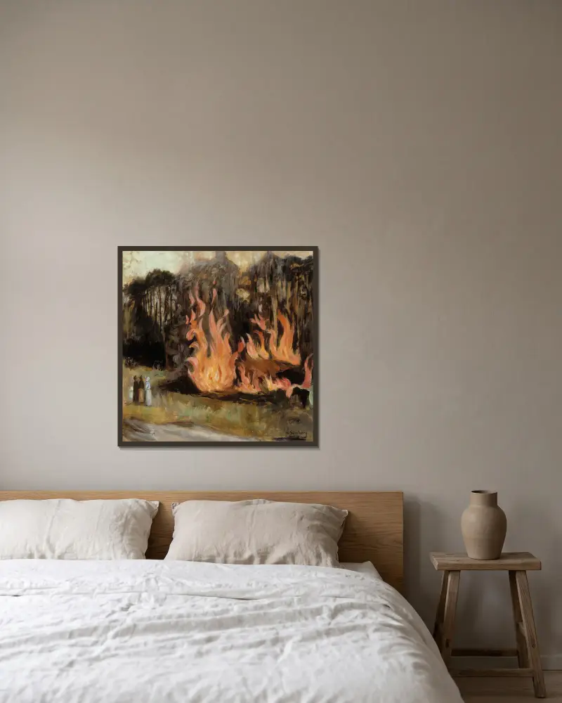 Bonfires av Hugo Simberg inramad på en vägg