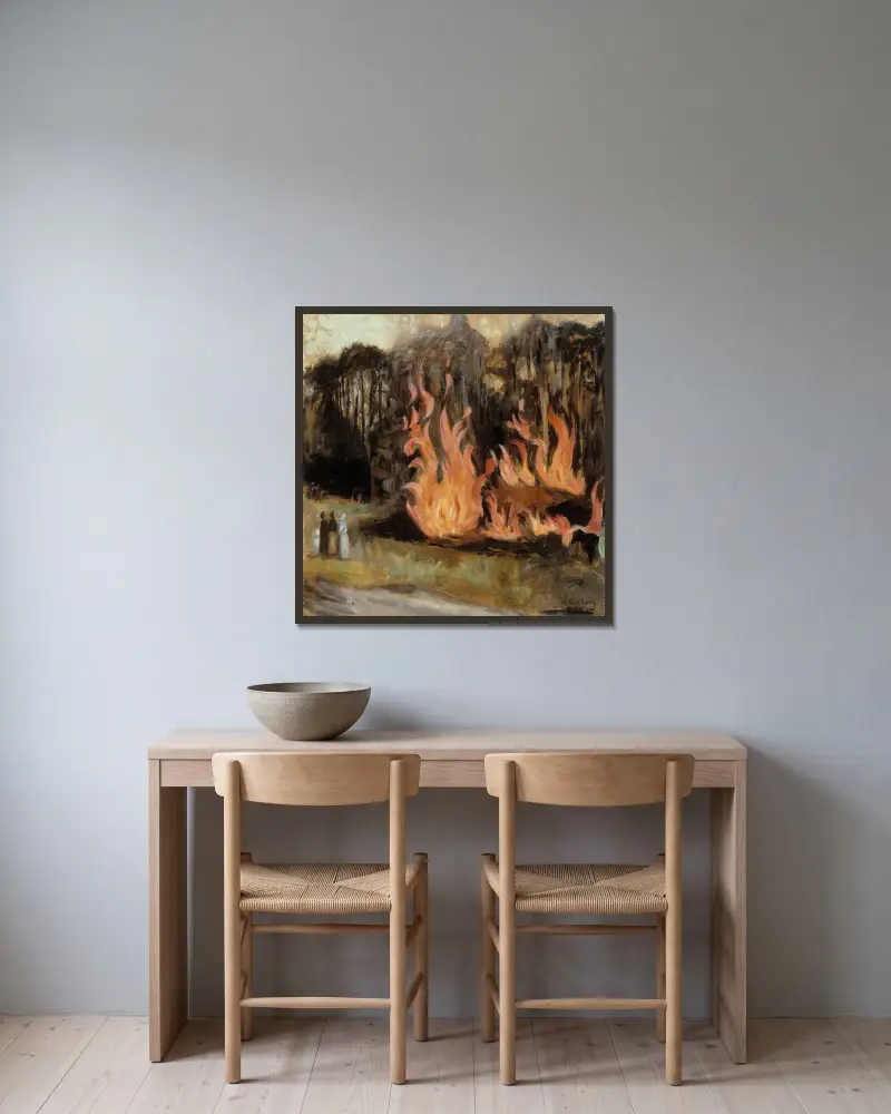 Bonfires av Hugo Simberg inramad på en vägg