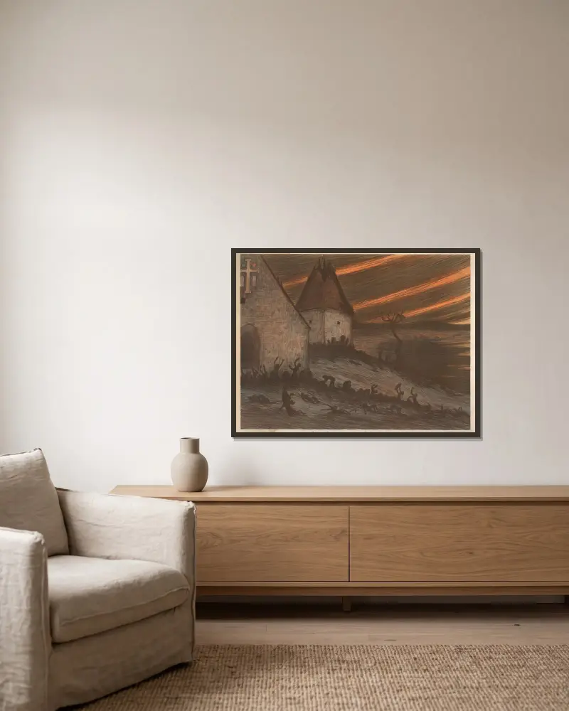 The Black Death in Finland in 1350 av Hugo Simberg inramad på en vägg