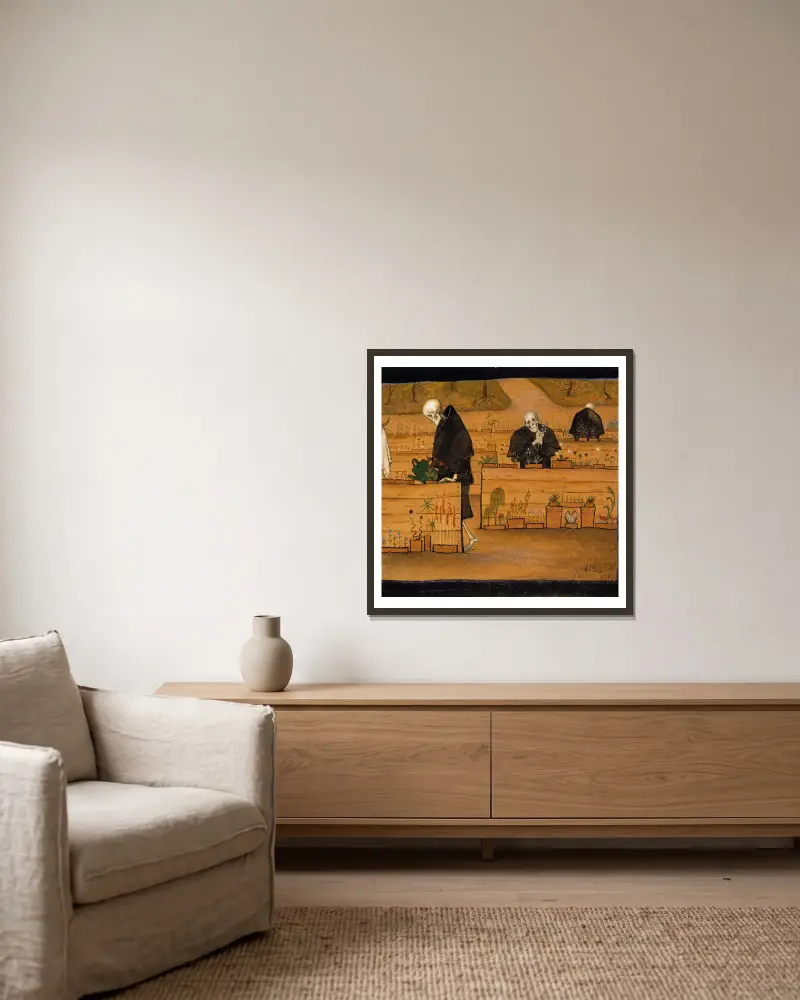 Der Garten des Todes von Hugo Simberg gerahmt an einer Wand