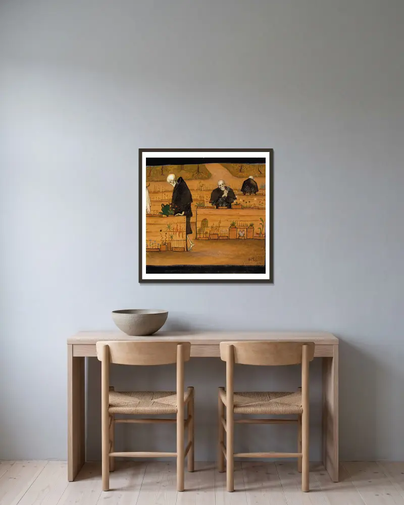 Der Garten des Todes von Hugo Simberg gerahmt an einer Wand