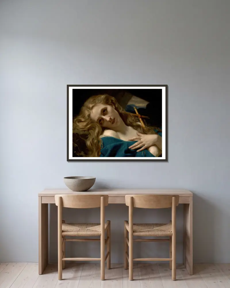 Maria Magdalena i grottan av Hugues Merle inramad på en vägg
