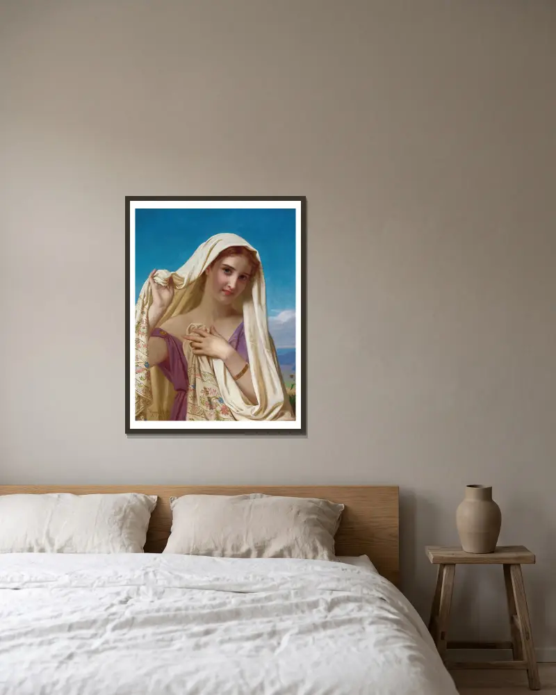 Ung flicka med slöja av Hugues Merle inramad på en vägg