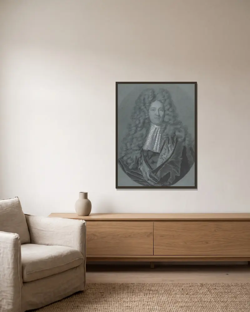 Porträtt av en herre i oval ram av Hyacinthe Rigaud inramad på en vägg