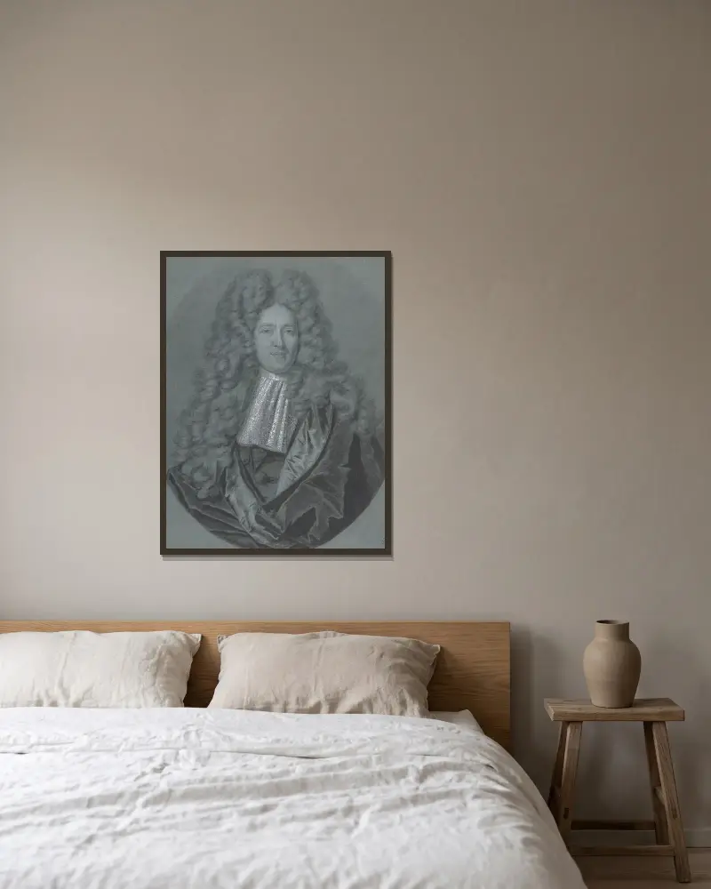 Porträtt av en herre i oval ram av Hyacinthe Rigaud inramad på en vägg
