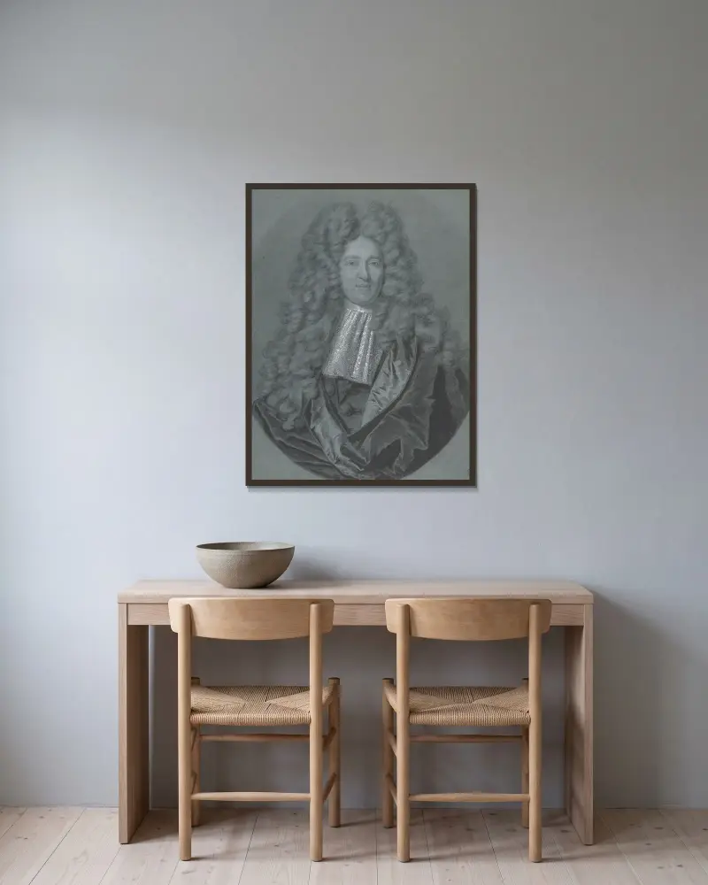 Porträtt av en herre i oval ram av Hyacinthe Rigaud inramad på en vägg