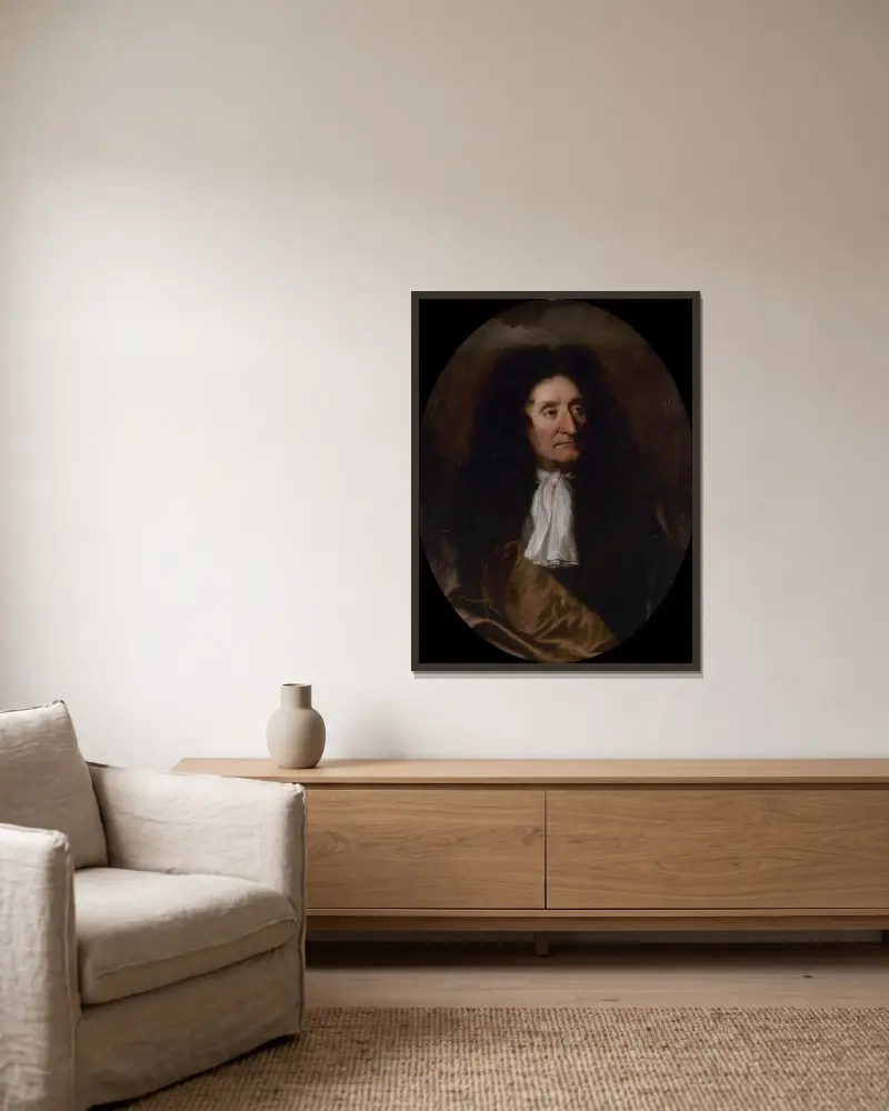 Porträtt av Jean de La Fontaine (1621–1695), poet av Hyacinthe Rigaud inramad på en vägg