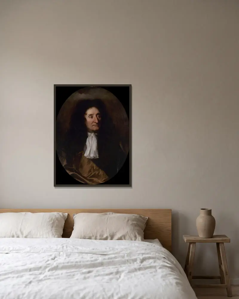 Porträtt av Jean de La Fontaine (1621–1695), poet av Hyacinthe Rigaud inramad på en vägg