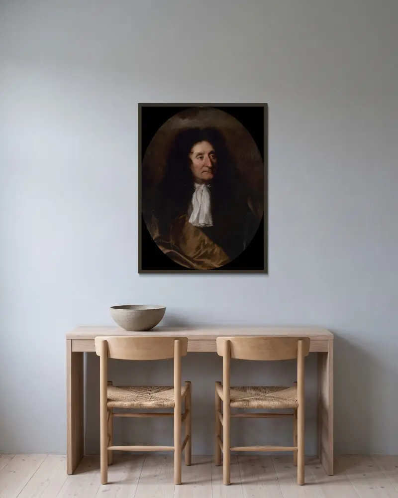 Porträtt av Jean de La Fontaine (1621–1695), poet av Hyacinthe Rigaud inramad på en vägg
