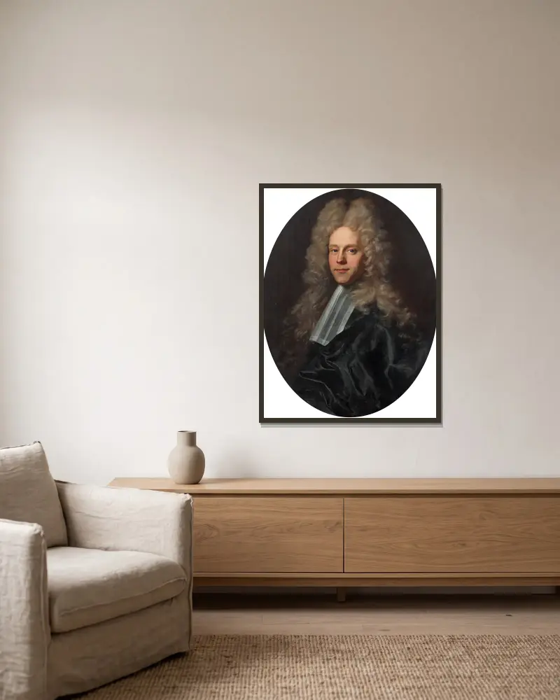 Porträtt av en jurist i svart dräkt med stor peruk av Hyacinthe Rigaud inramad på en vägg