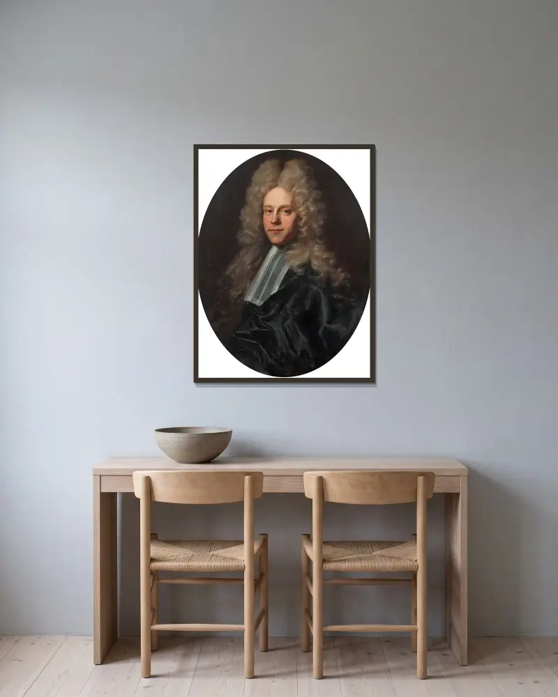 Porträtt av en jurist i svart dräkt med stor peruk av Hyacinthe Rigaud inramad på en vägg