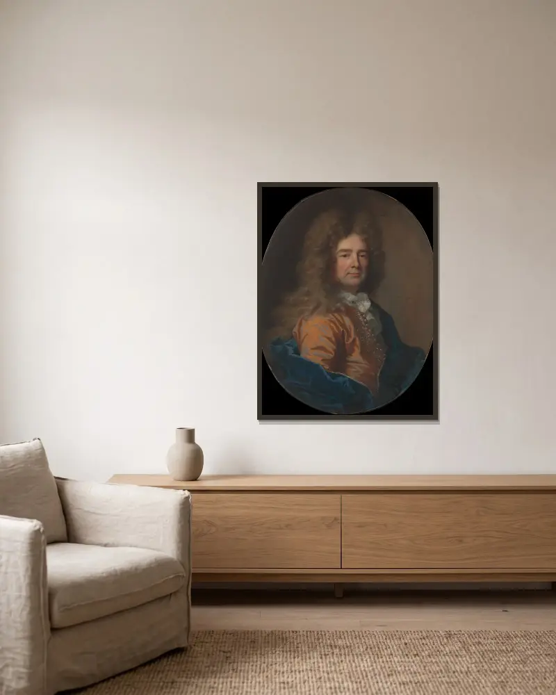 Porträtt av en man, 1693 av Hyacinthe Rigaud inramad på en vägg