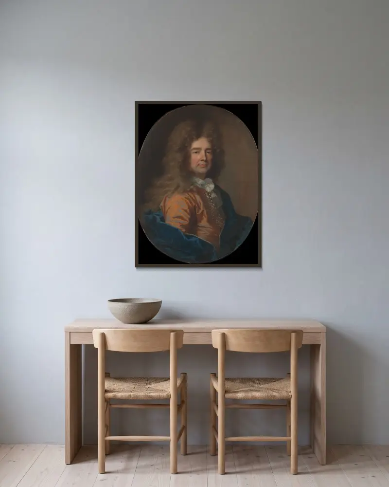 Porträtt av en man, 1693 av Hyacinthe Rigaud inramad på en vägg
