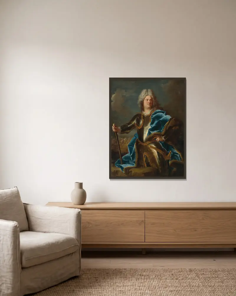 Porträtt av en man, traditionellt kallad Claude Louis Hector, hertig av Villars av Hyacinthe Rigaud inramad på en vägg