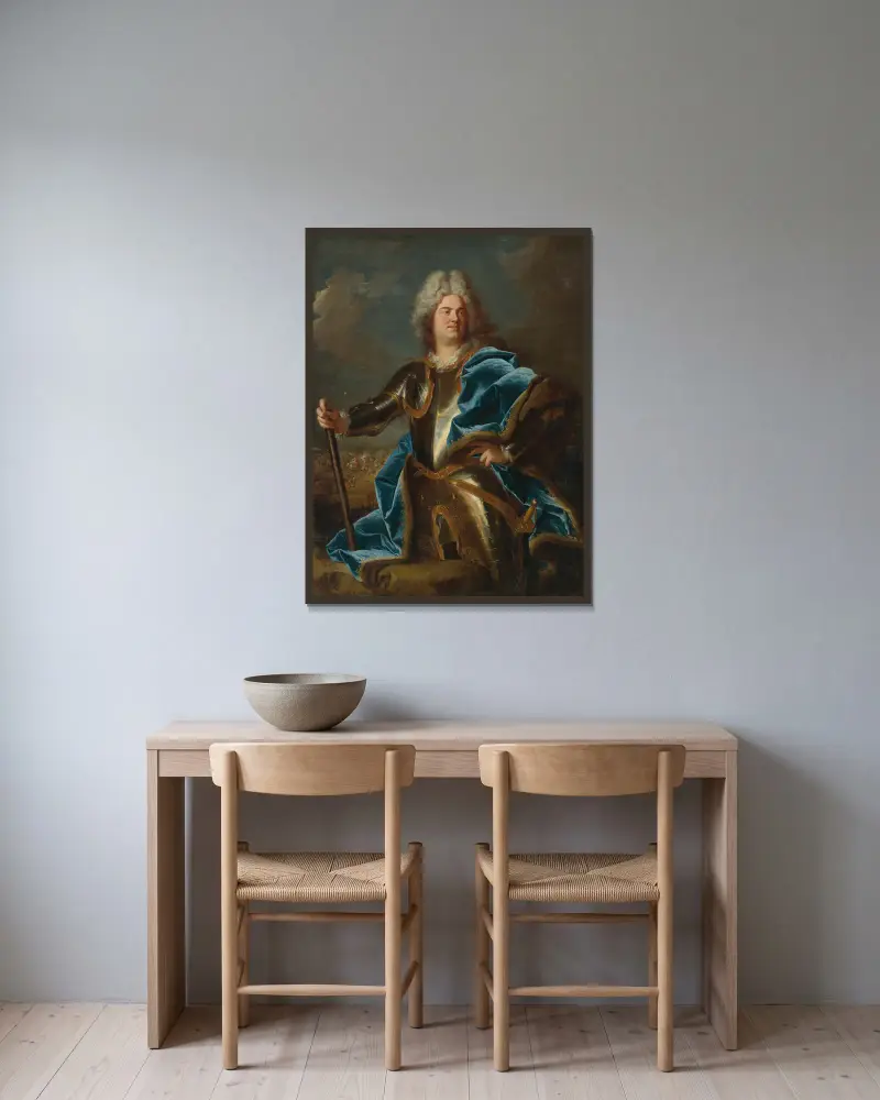 Porträtt av en man, traditionellt kallad Claude Louis Hector, hertig av Villars av Hyacinthe Rigaud inramad på en vägg