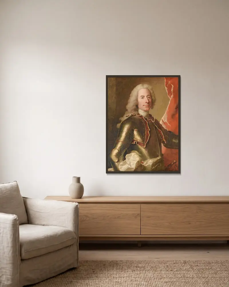 Porträtt av en man i rustning av Hyacinthe Rigaud inramad på en vägg