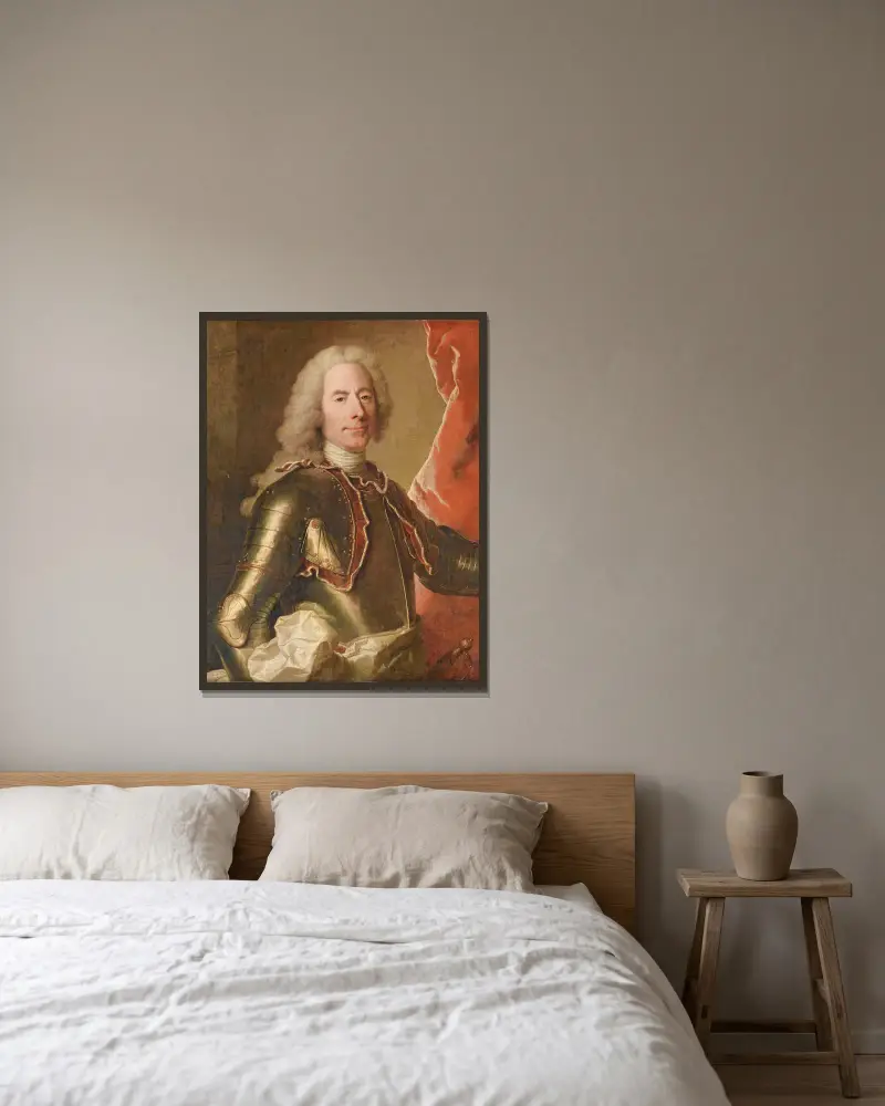Porträtt av en man i rustning av Hyacinthe Rigaud inramad på en vägg
