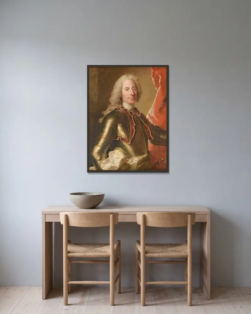 Porträtt av en man i rustning av Hyacinthe Rigaud inramad på en vägg