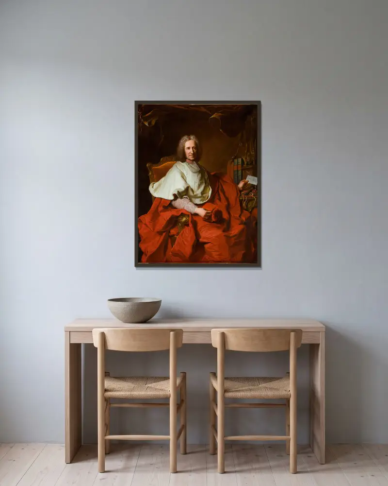 Porträtt av kardinal Guillaume Dubois av Hyacinthe Rigaud inramad på en vägg