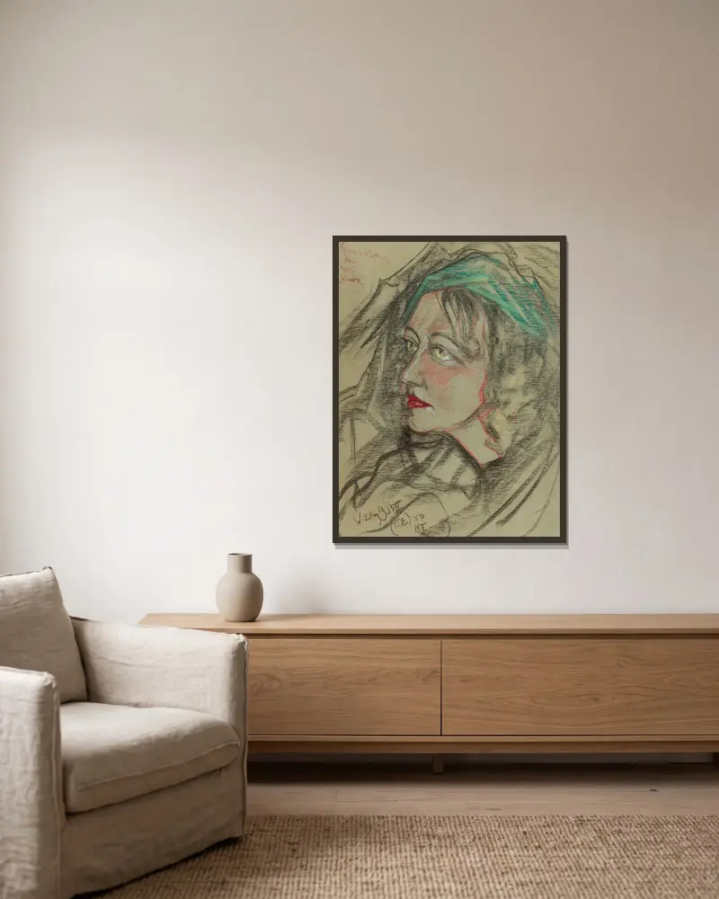 Porträtt av Eugenia Bundykowa, 1933 – nr 2 av Stanisław Ignacy Witkiewicz inramad på en vägg