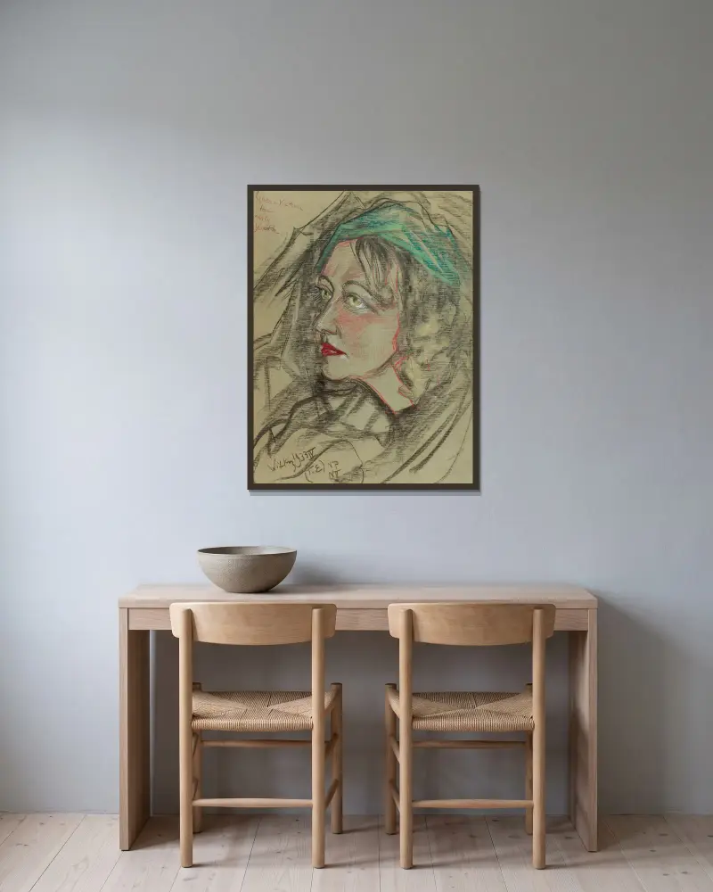 Porträtt av Eugenia Bundykowa, 1933 – nr 2 av Stanisław Ignacy Witkiewicz inramad på en vägg