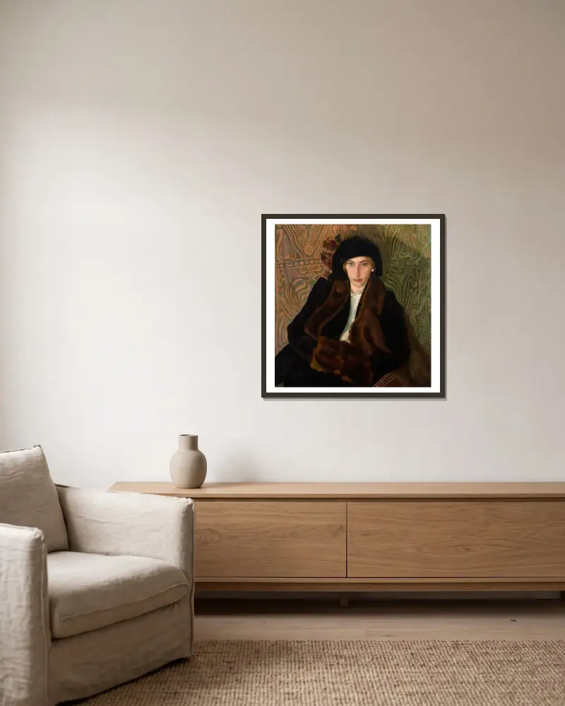 Portrait of Eugenia Dunin-Borkowska av Stanisław Ignacy Witkiewicz inramad på en vägg