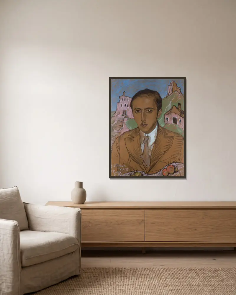 Porträtt av Jan Nawrocki av Stanisław Ignacy Witkiewicz inramad på en vägg