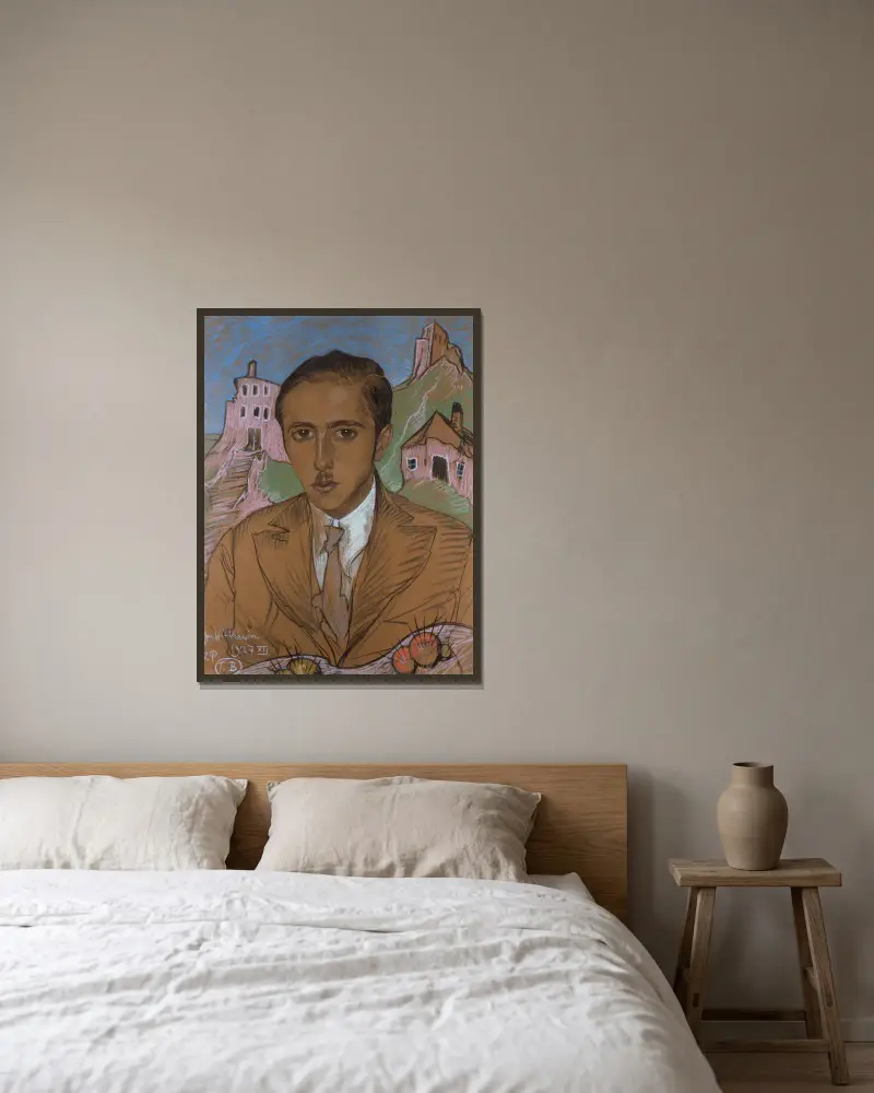 Porträtt av Jan Nawrocki av Stanisław Ignacy Witkiewicz inramad på en vägg