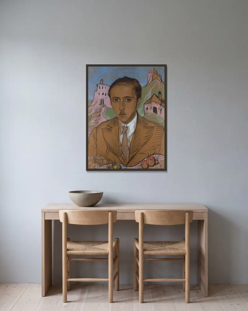 Porträtt av Jan Nawrocki av Stanisław Ignacy Witkiewicz inramad på en vägg
