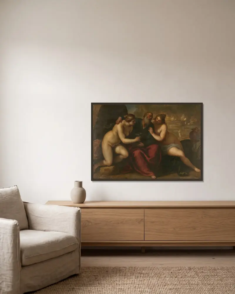 Lot und seine Töchter von Jacopo Palma il Giovane gerahmt an einer Wand