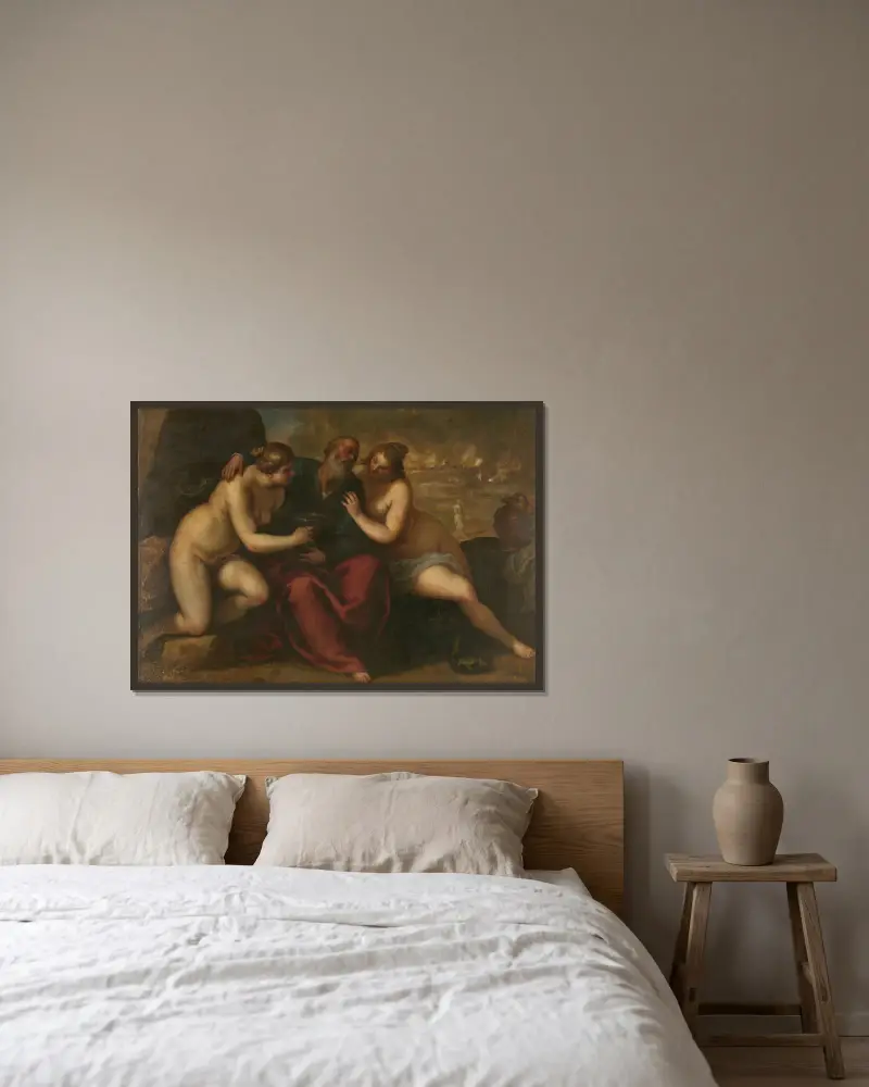 Lot und seine Töchter von Jacopo Palma il Giovane gerahmt an einer Wand