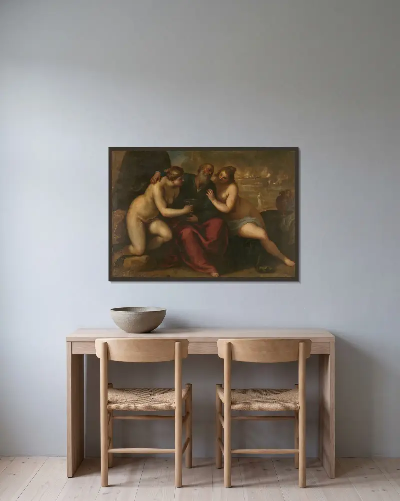 Lot und seine Töchter von Jacopo Palma il Giovane gerahmt an einer Wand