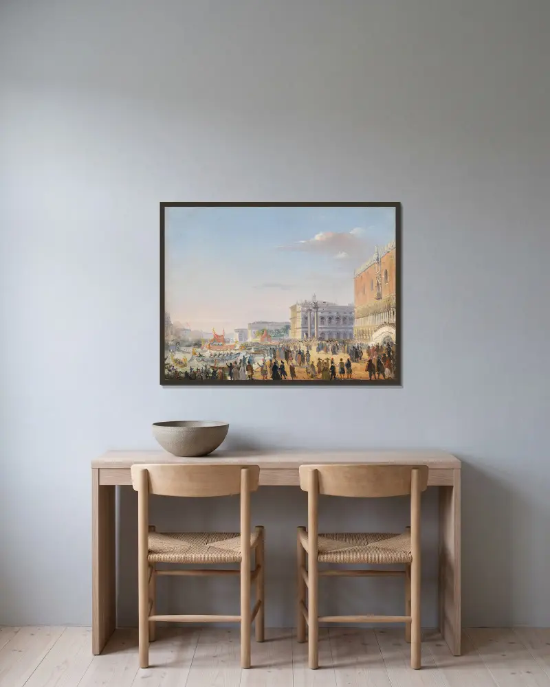 Frans Josef och Elisabeths ankomst till Venedig av Ippolito Caffi inramad på en vägg